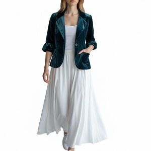 Halogen Women’s Velvet Teal Blue Silk Blend Blazer Rose Button Flower Button M
